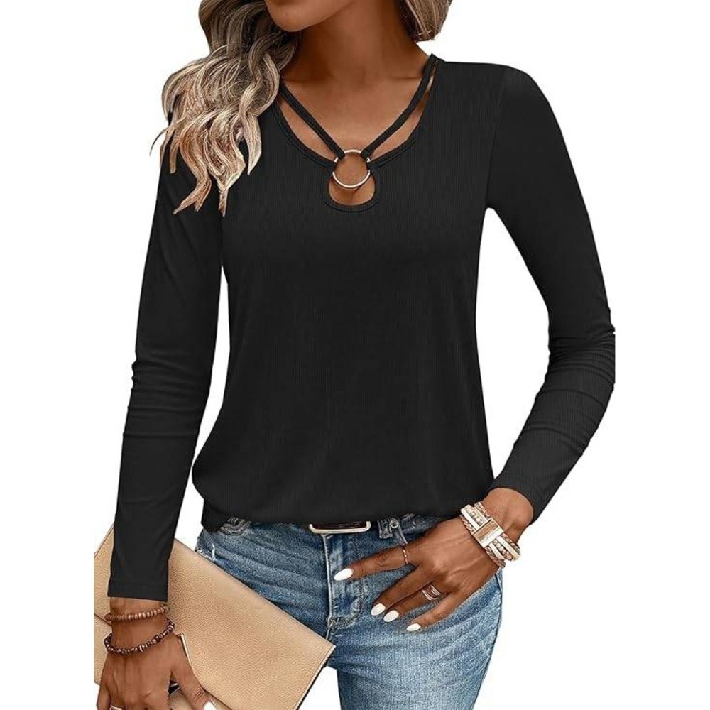 MSRP $20 LOLONG Women's M Black Long Sleeve Shirts Sexy Tops Ribbed Knit Cut